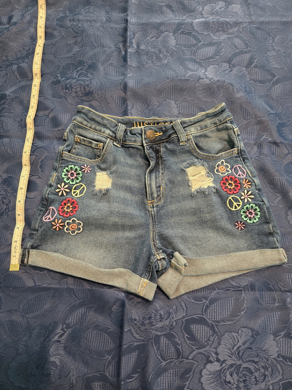 Justice Blue Denim Shorts with Multicolor Floral & Peace Embroidery